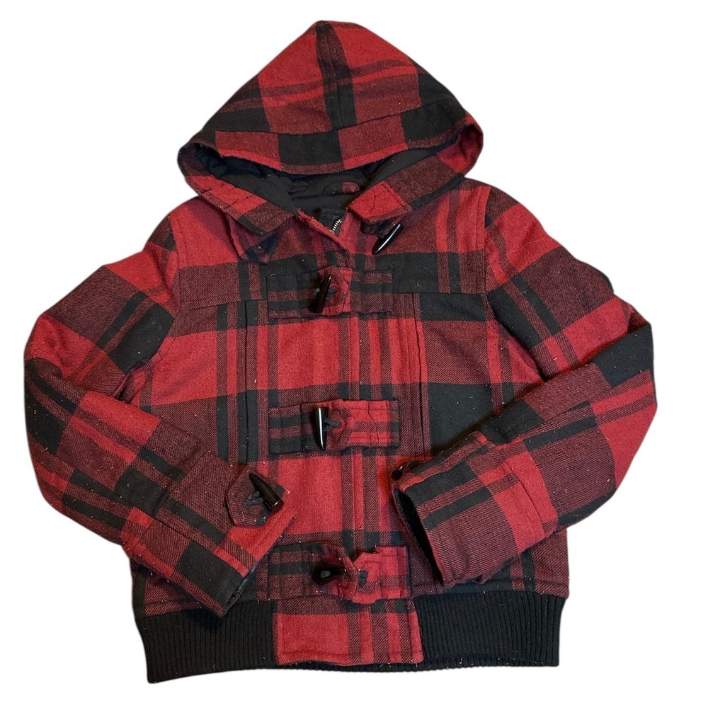 Forever 21 Women Red Black Buffalo Plaid Toggle Hooded Jacket Coat Medium